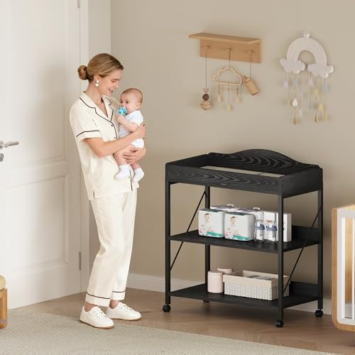 Yetom storage shelves keep diapers, wipes, and creams within arm's reach.