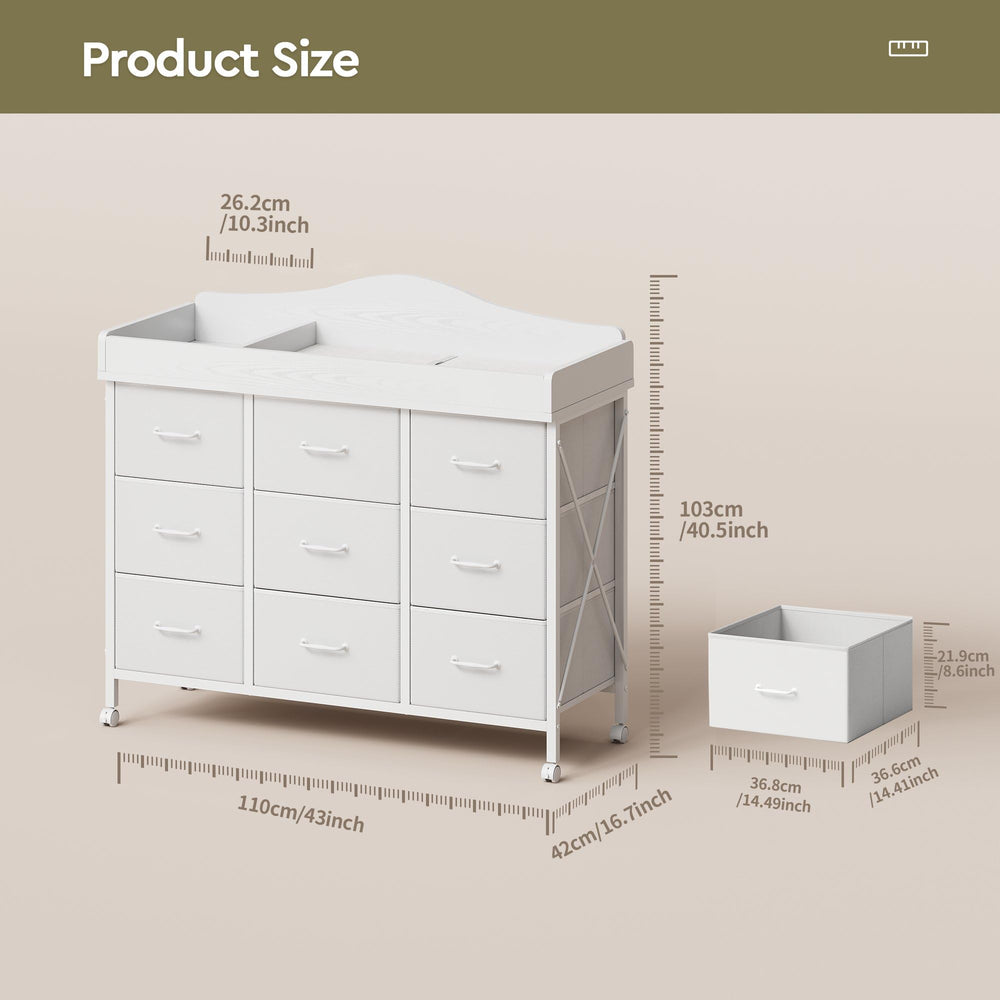 YeTom changing table on four wheels ready to move between rooms.