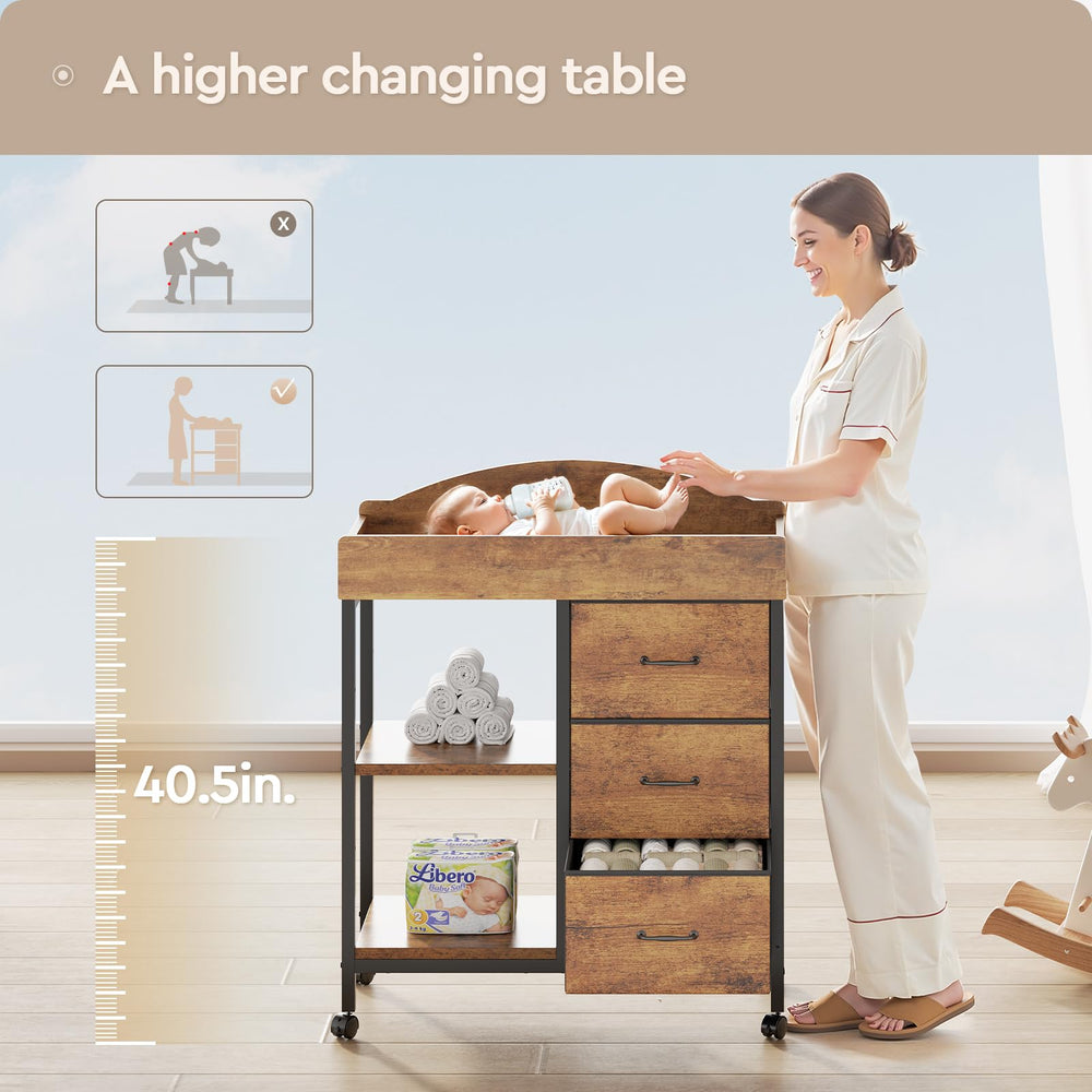 YeTom Changing Table Dresser drawers close-up showing fabric compartments for baby essentials.
