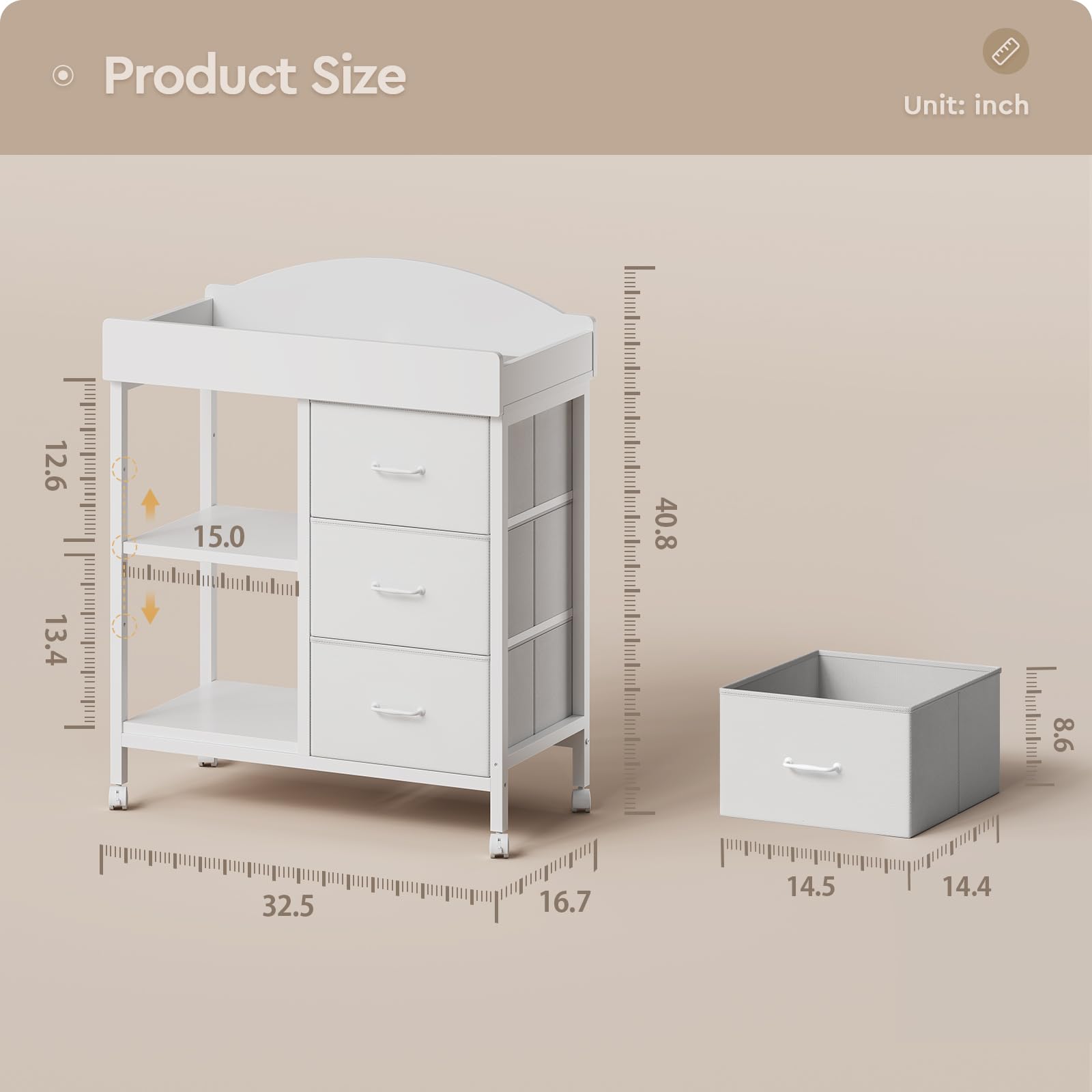 YeTom Changing Table Dresser in a nursery with tidy, versatile storage