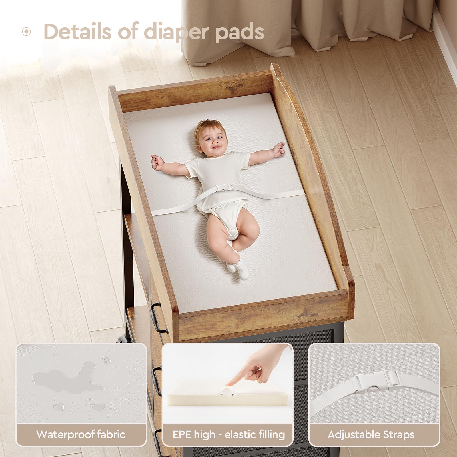 YeTom Changing Table Dresser pad topper highlighting waterproof surface for quick cleaning.