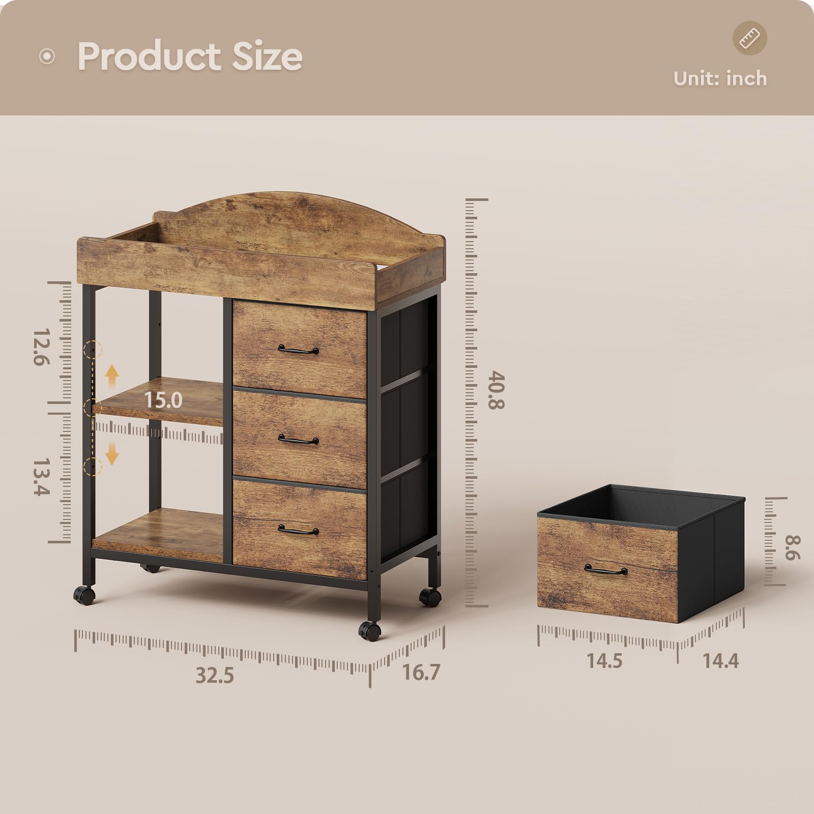 YeTom Rustic brown finish complements modern nursery decor and keeps items within reach.