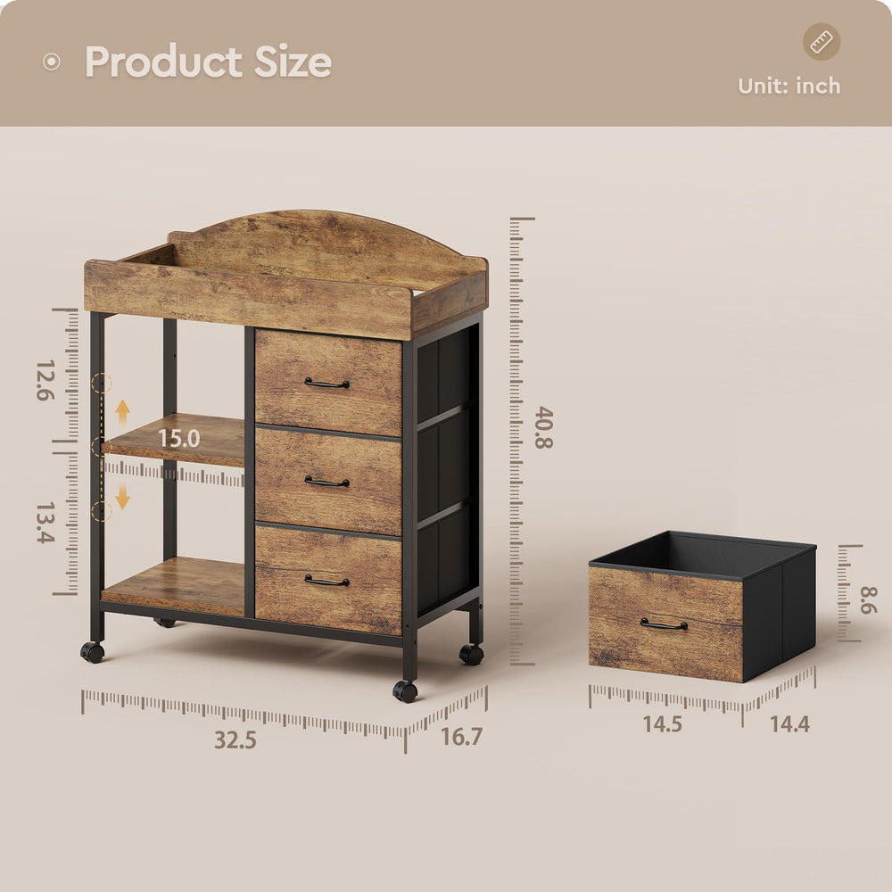 YeTom Rustic brown finish complements modern nursery decor and keeps items within reach.