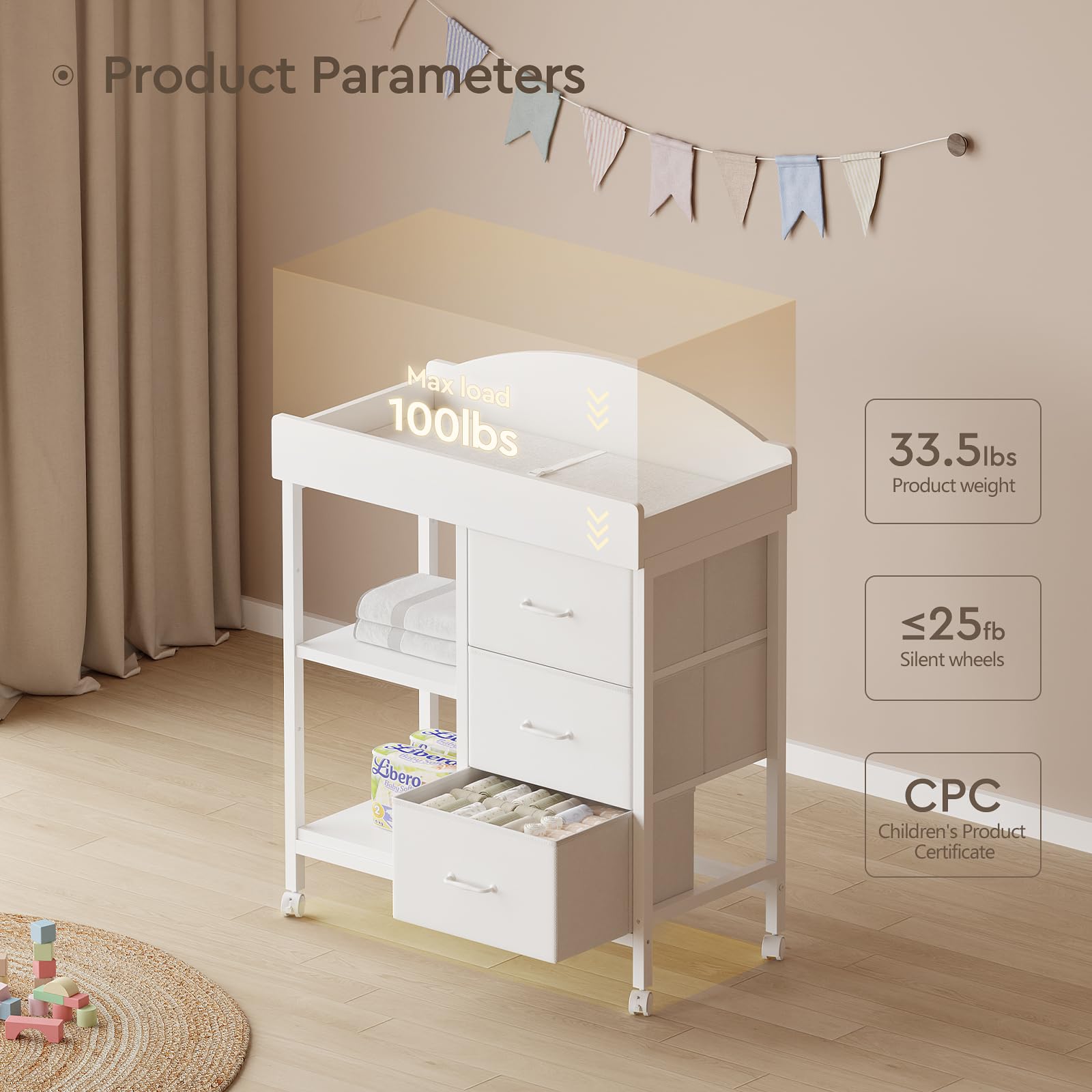 YeTom Changing Table Dresser safety baffles and lanyard for secure diaper changes