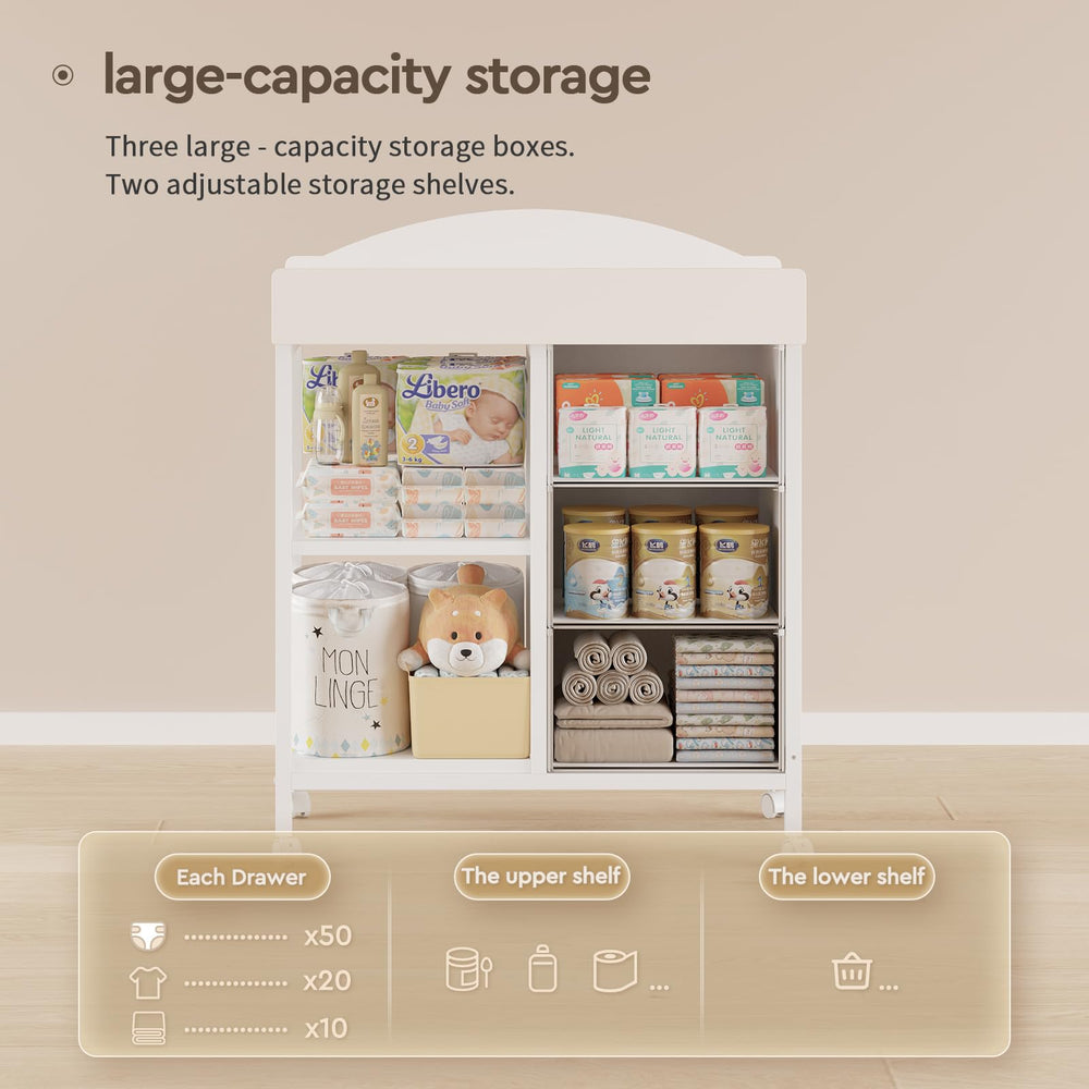 YeTom Changing Table Dresser shelves showing practical storage for baby clothes and books