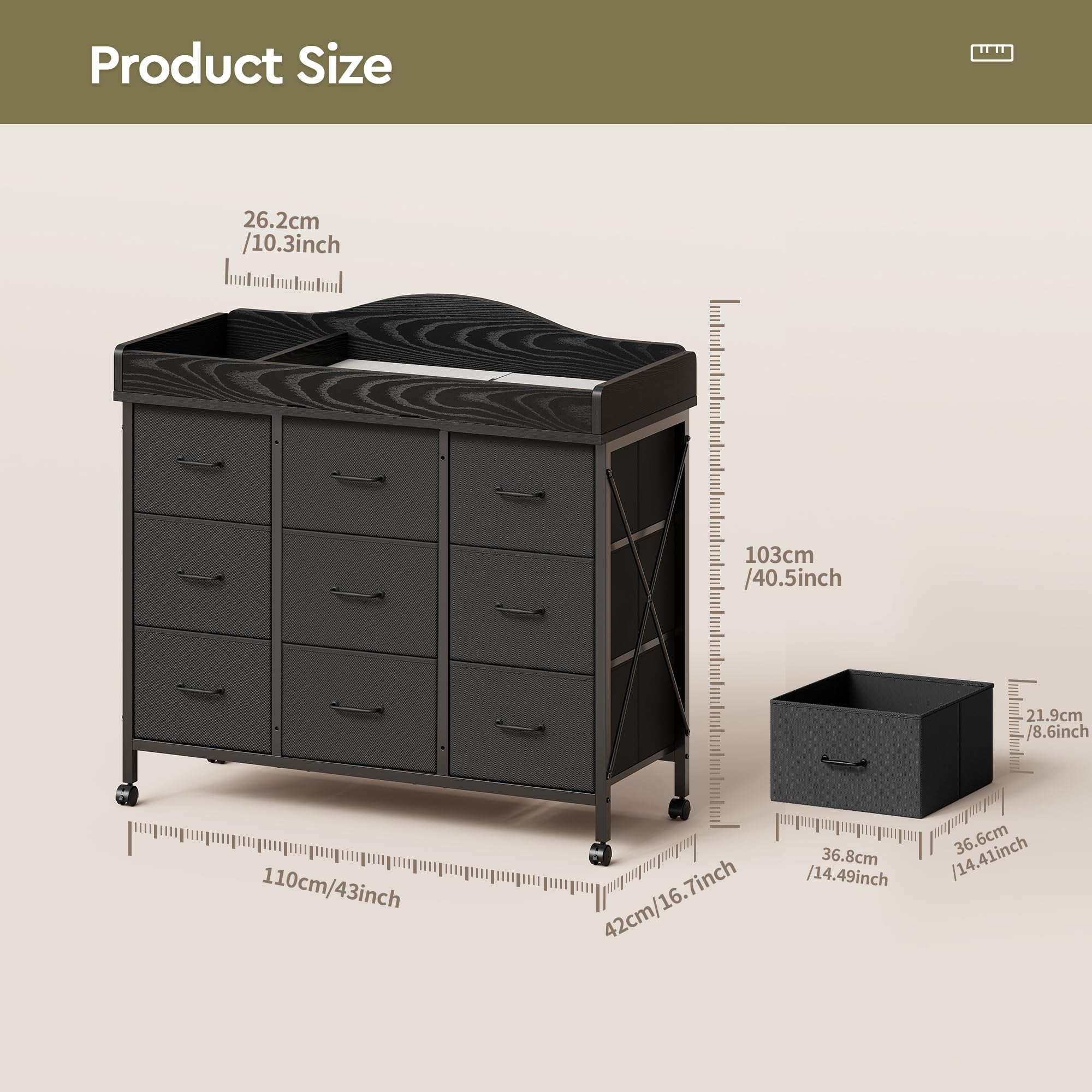 YeTom mobile changer table on wheels for room-to-room placement