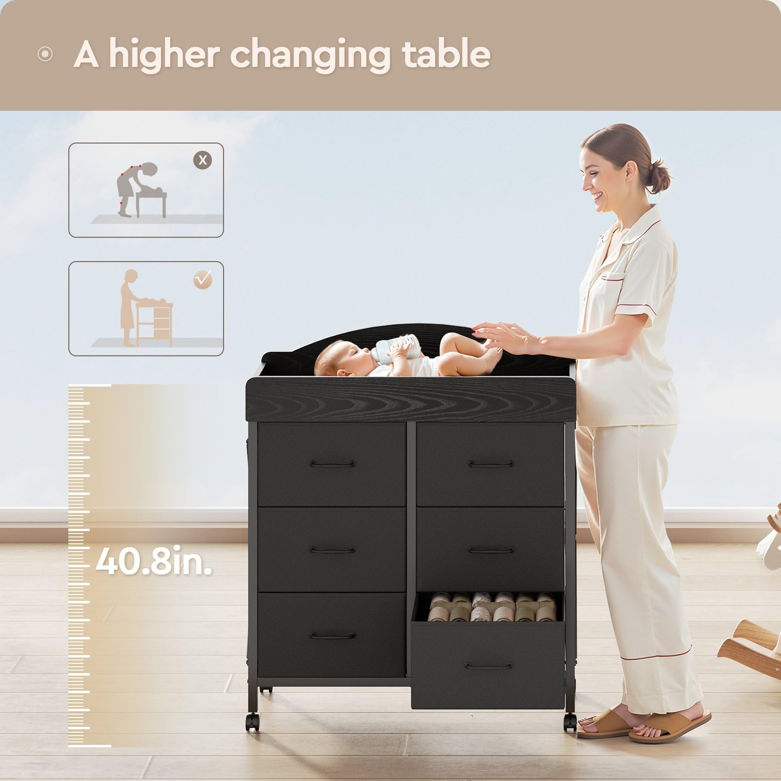 YeTom six-drawer storage keeps diapers and outfits organized at a glance.