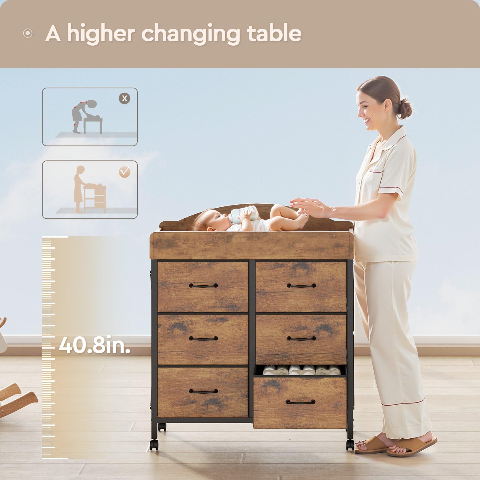 Yetom six-drawer storage unit keeps diapers, blankets, and creams neatly organized.