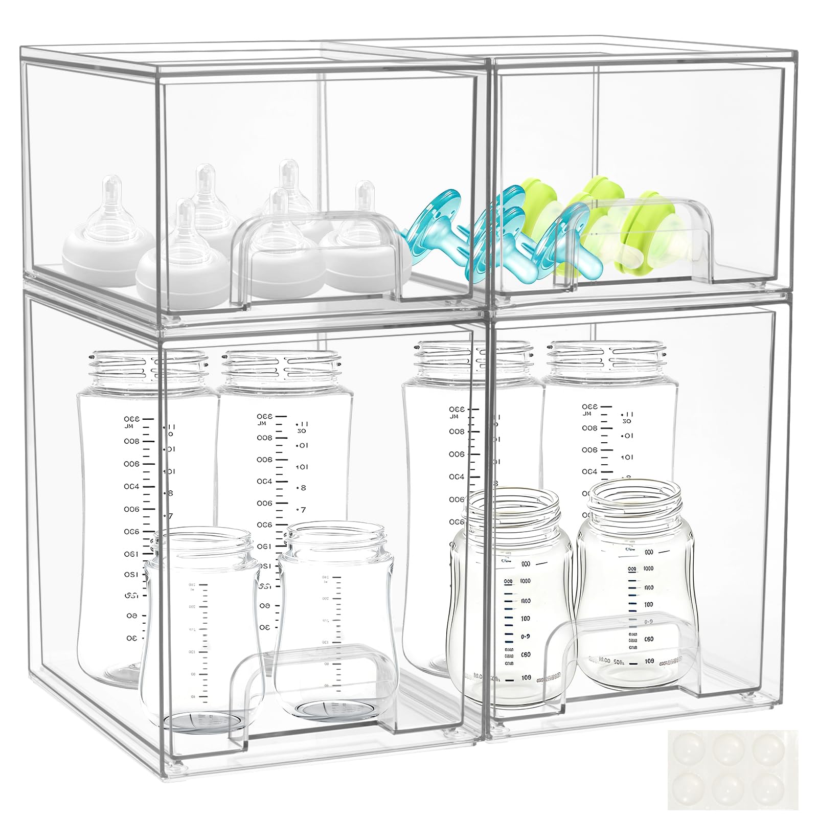 YEXEXINM 4-pack baby bottle organizer stackable drawers with clear visibility for bottles