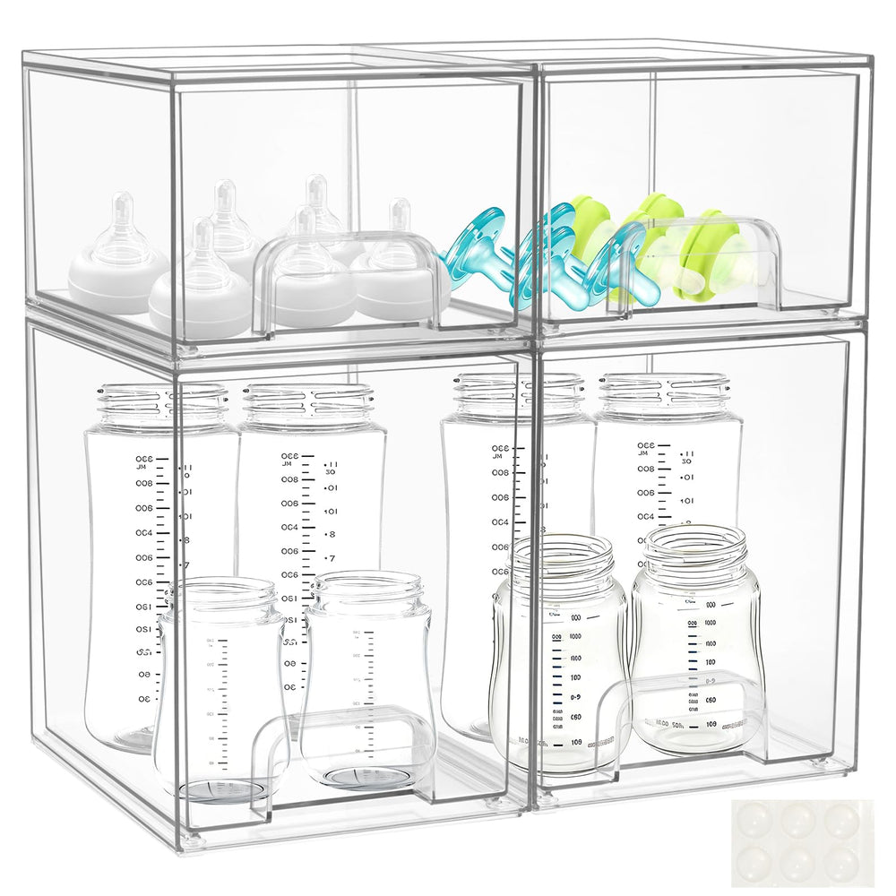 YEXEXINM 4-pack baby bottle organizer stackable drawers with clear visibility for bottles