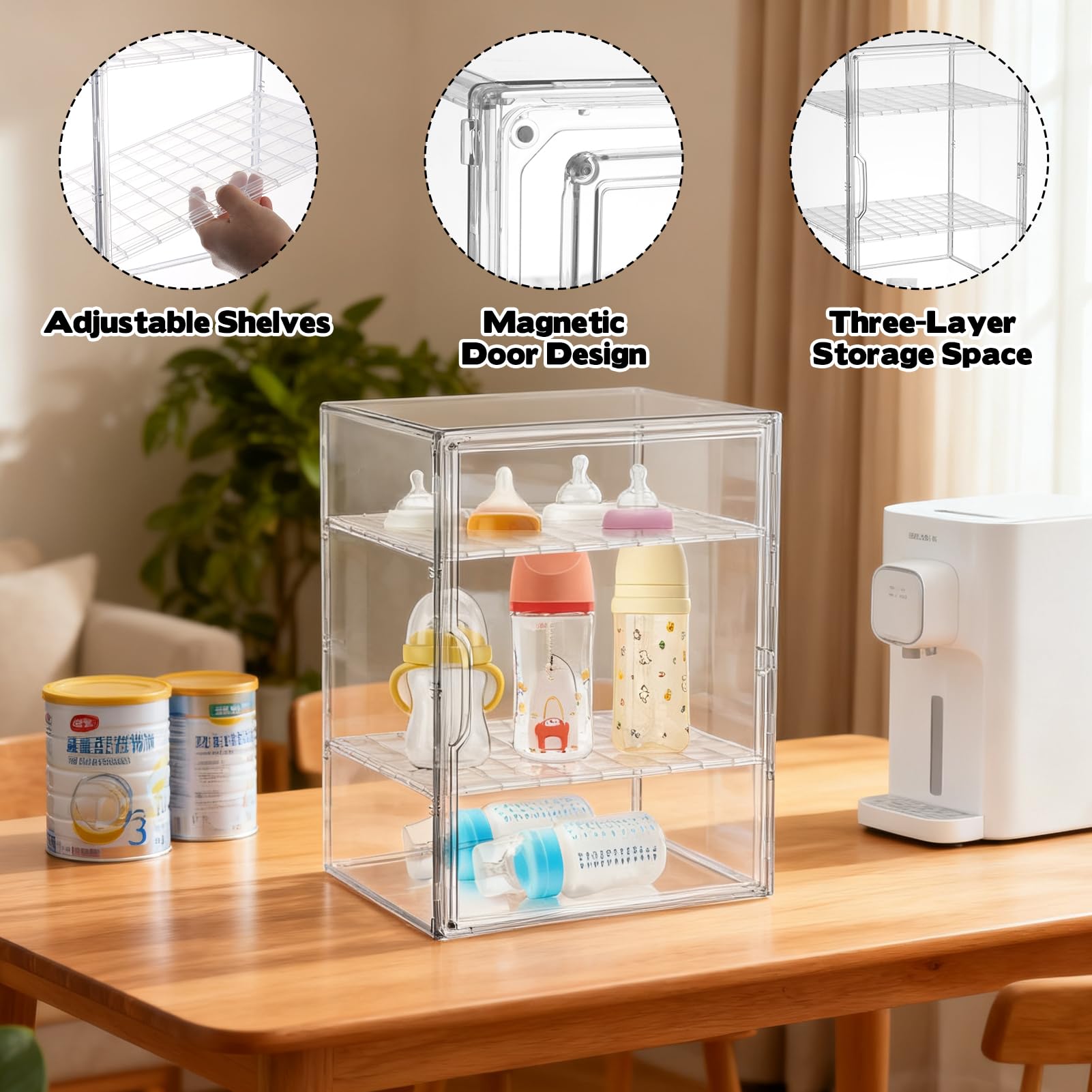 YEXEXINM organizer with adjustable dividers demonstrates flexible bottle arrangement