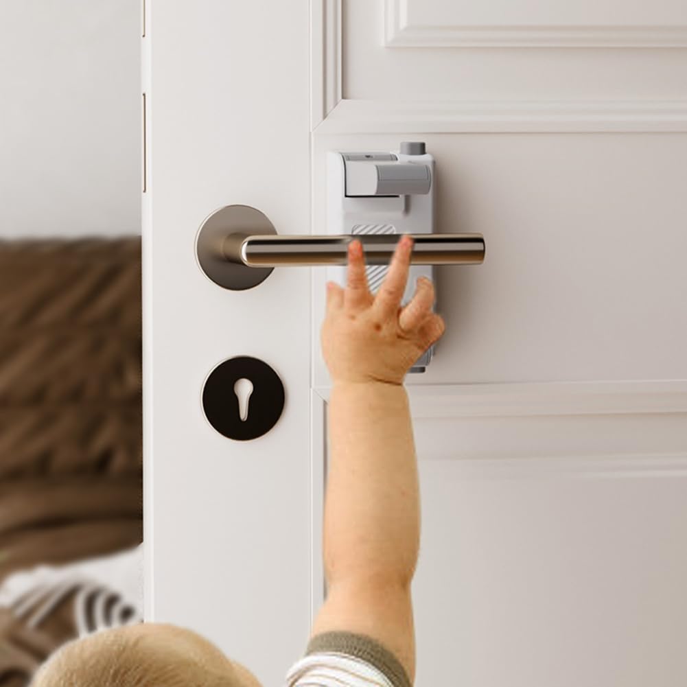 YEYA dual-action security lock shown on a door lever for easy toddler protection.
