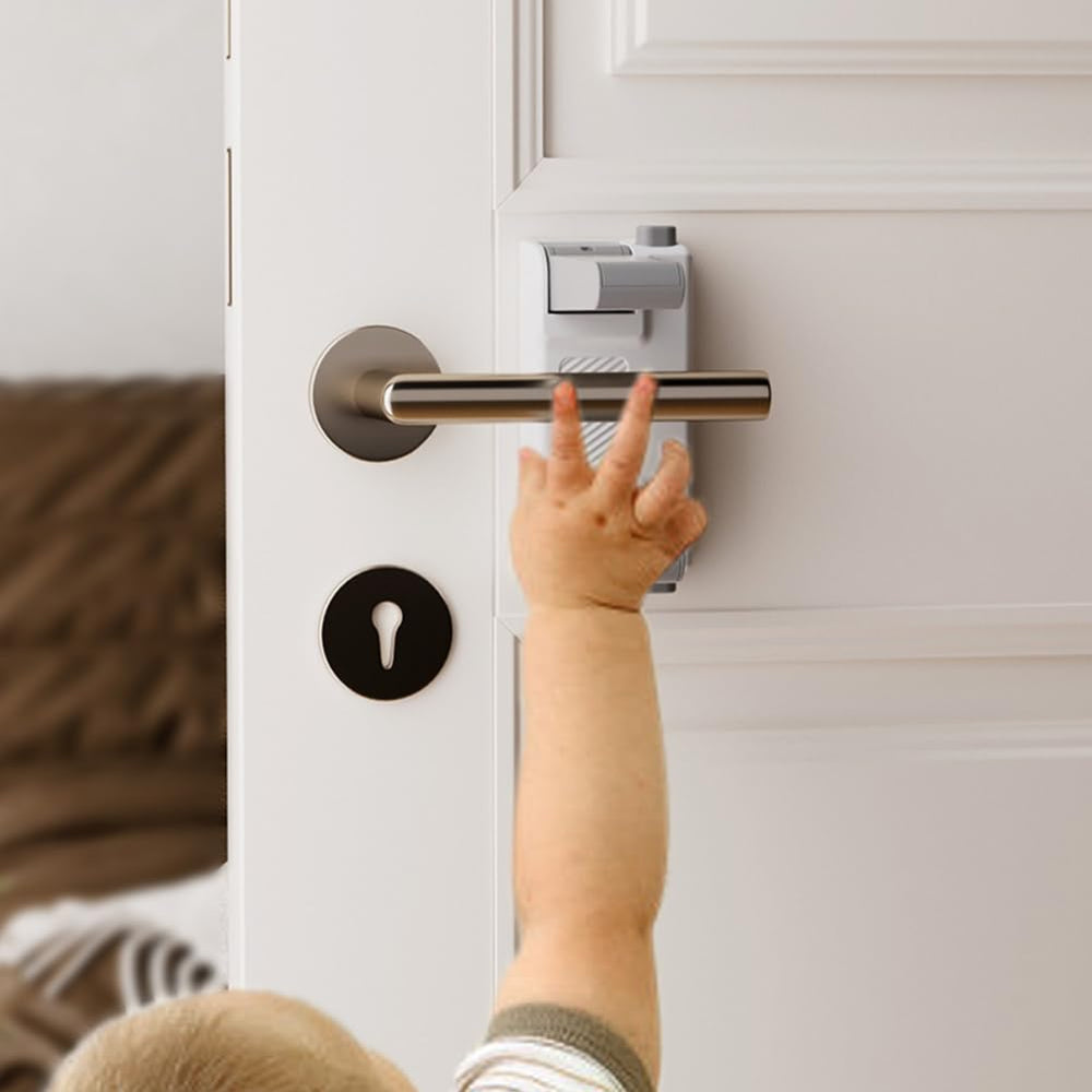 YEYA dual-action security lock shown on a door lever for easy toddler protection.