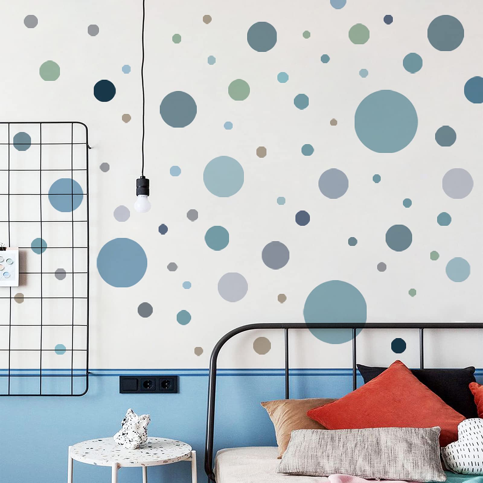 Yeysynana blue-grey polka dots decorate windows, doors, and furniture.