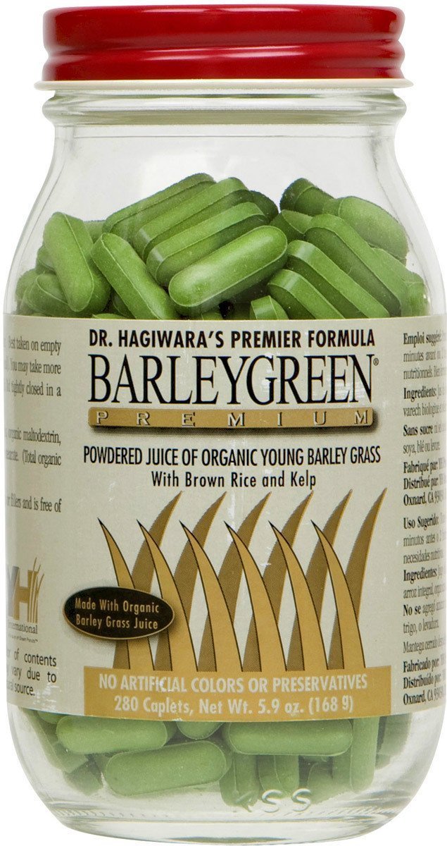 YH International Dr. Hagiwara's BarleyGreen Premium bottle on shelf promotes daily greens and antioxidant support.