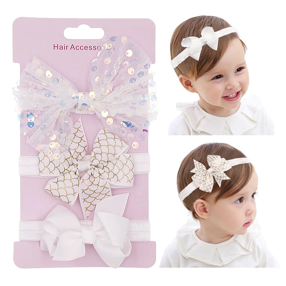 Yheahin baby bow headband with white flower, gentle on delicate hair for photos.