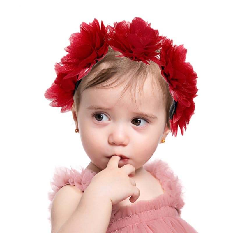Yheahin red elastic flower headband on a baby girl, comfortable fit for daily wear