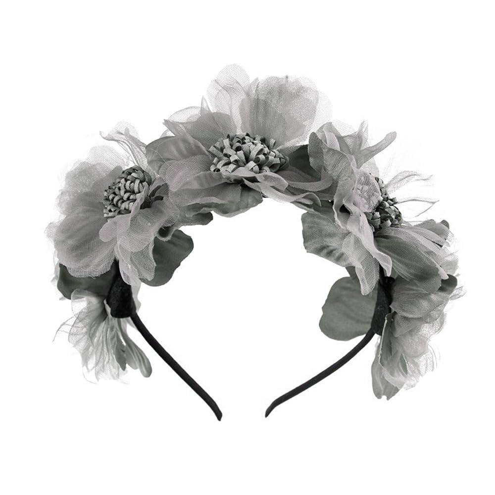 Yheahin flower headband grey close-up blooms enhances party-ready looks.