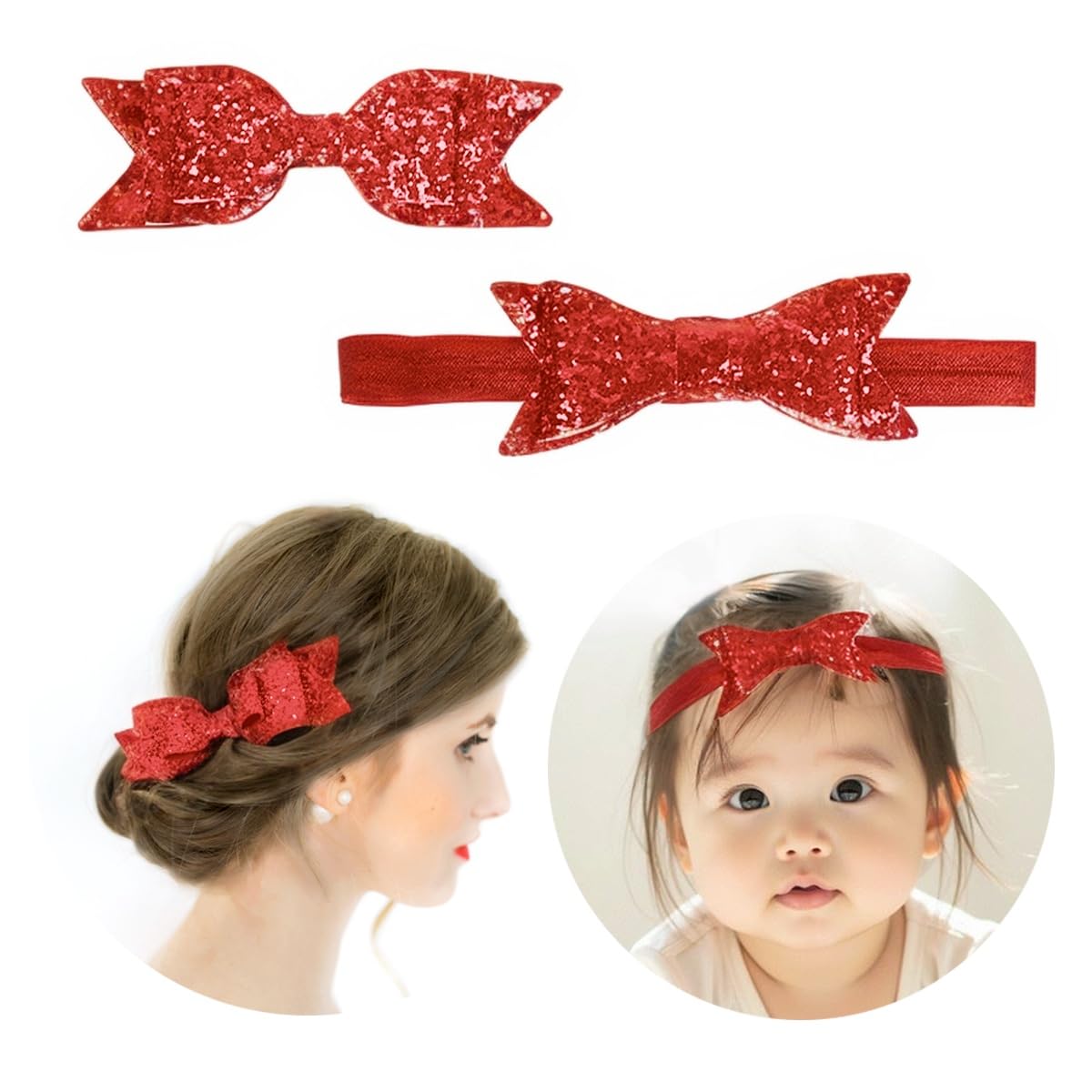 Yheahin sparkle bow headband in red adds glamorous touch to baby's hairstyle and comfortable stretch.
