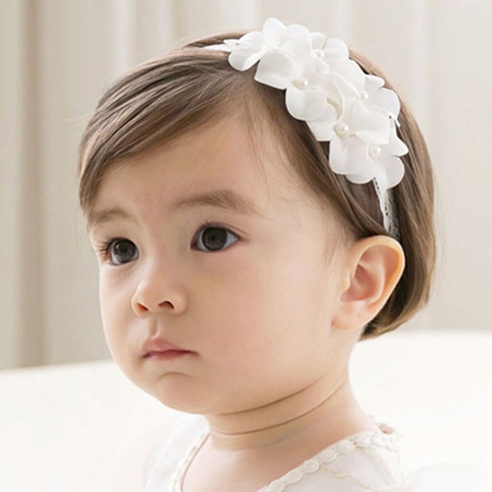 Yheahin white lace flower headband for babies, perfect for christenings and photoshoots.