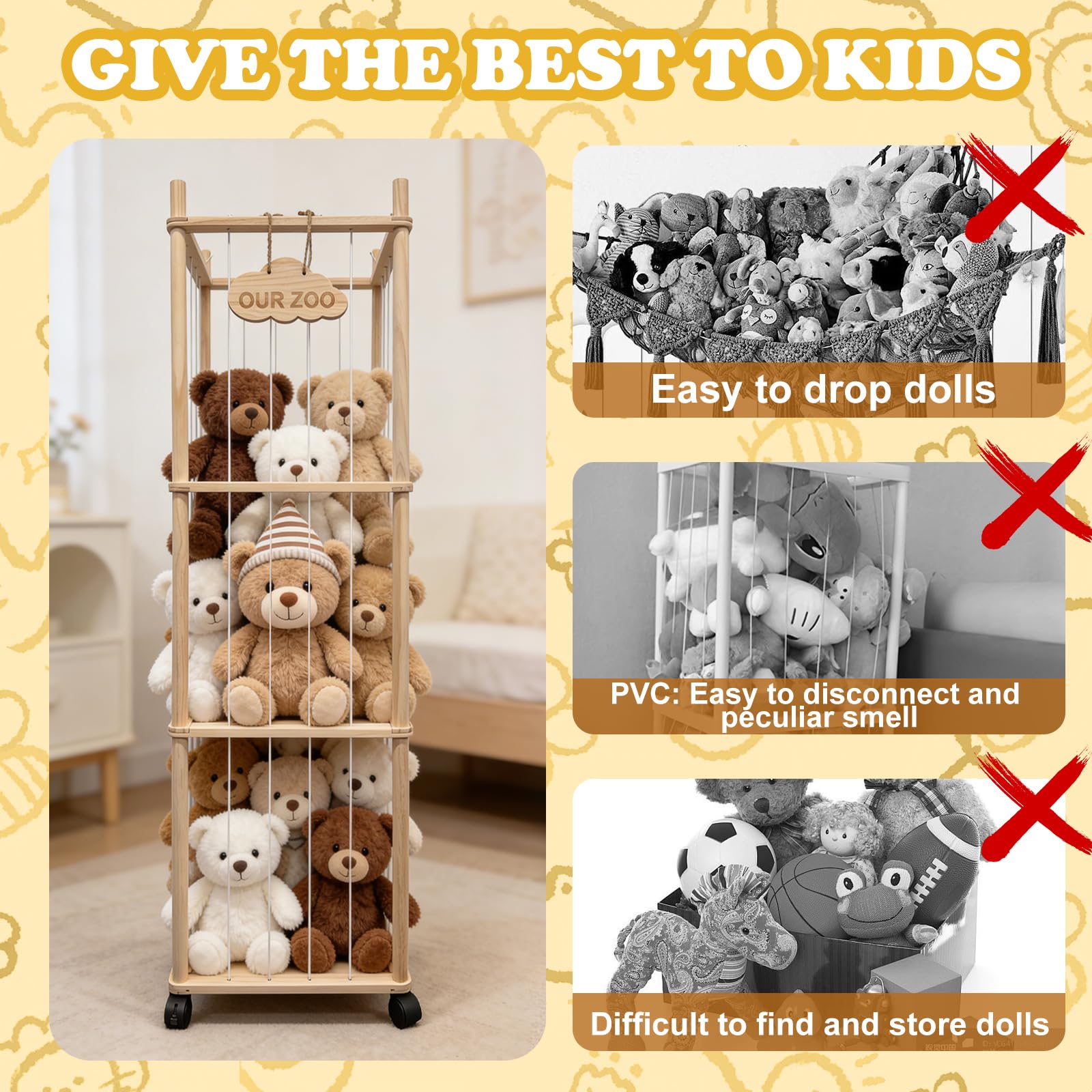 YHJZ pine wood construction provides sturdy support for many plush toys