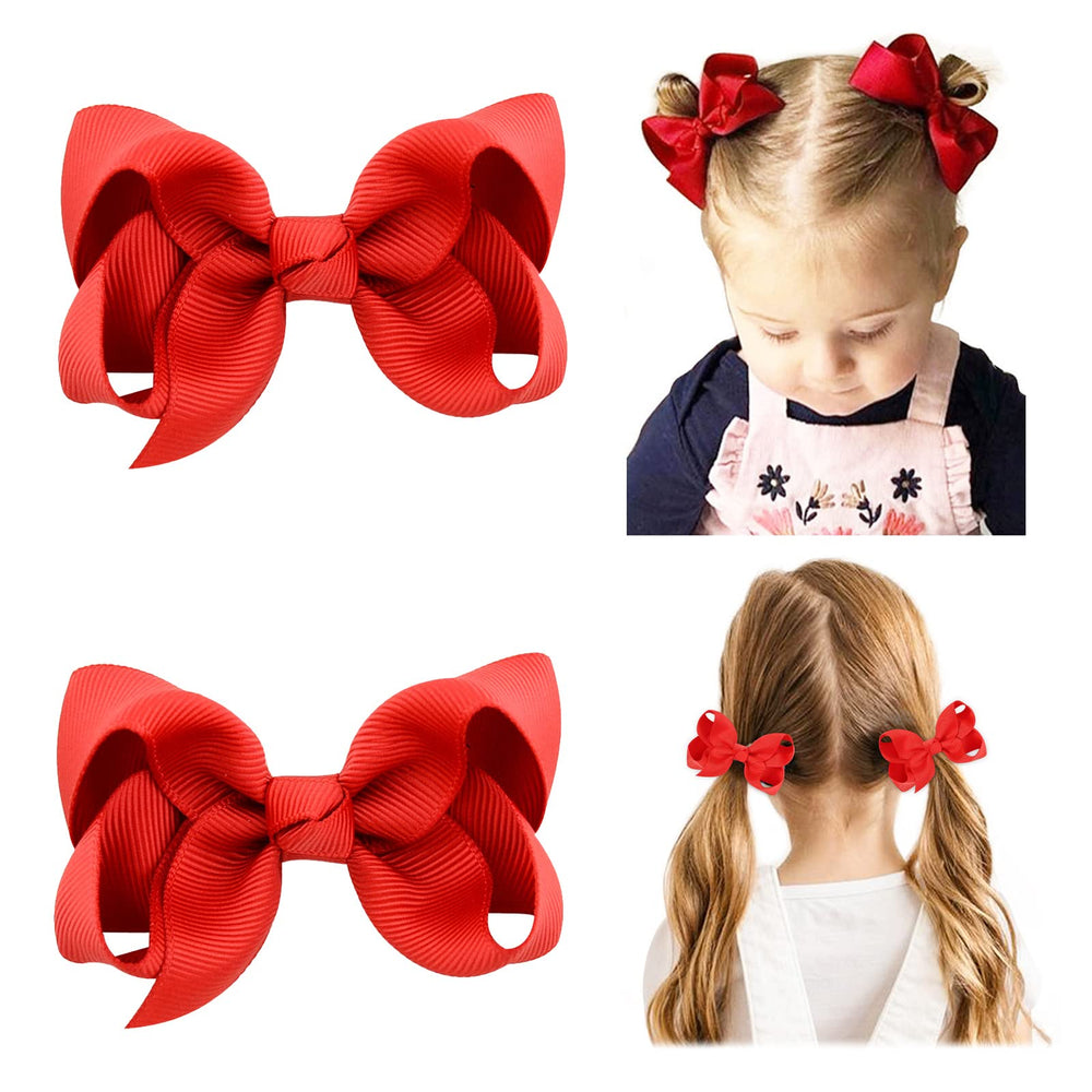 YHXX YLEN red 3-inch hair bow closeup with durable grosgrain ribbon.