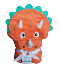 Yikes Twins hooded dino towel front view shows soft cotton terry for gentle drying.