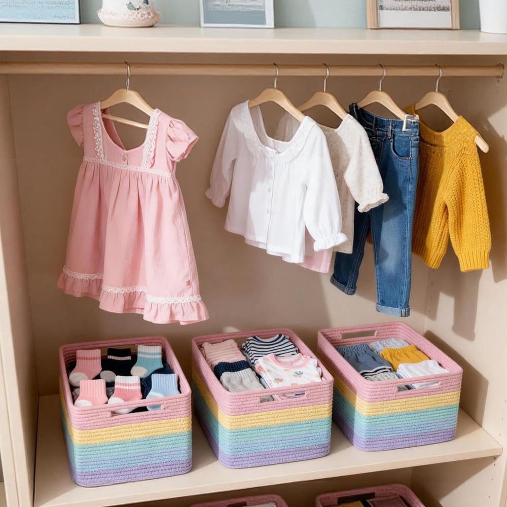 Yilobi rainbow basket in bedroom keeps laundry essentials organized