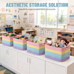 Yilobi rainbow basket in playroom provides easy book access