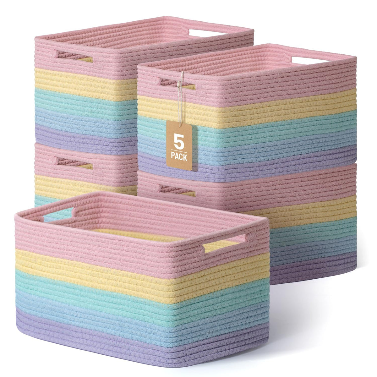 Yilobi rainbow woven basket on shelf keeps toys neatly organized
