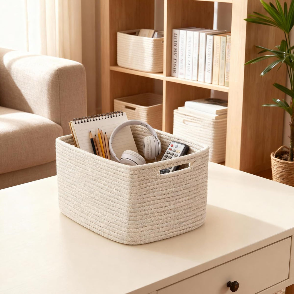 Yilobi white woven basket book storage adds calm order to shelves