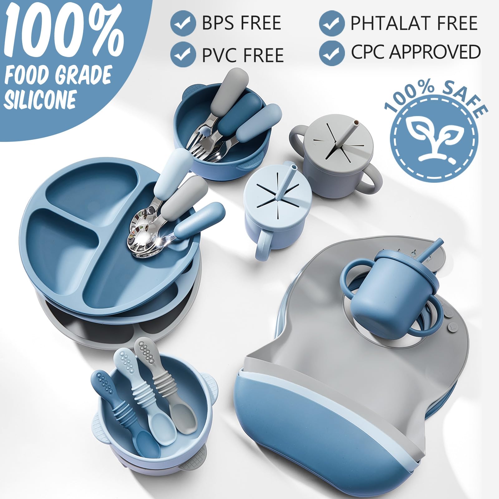 Yinder silicone feeding spoons and forks for easy self-feeding by toddlers.