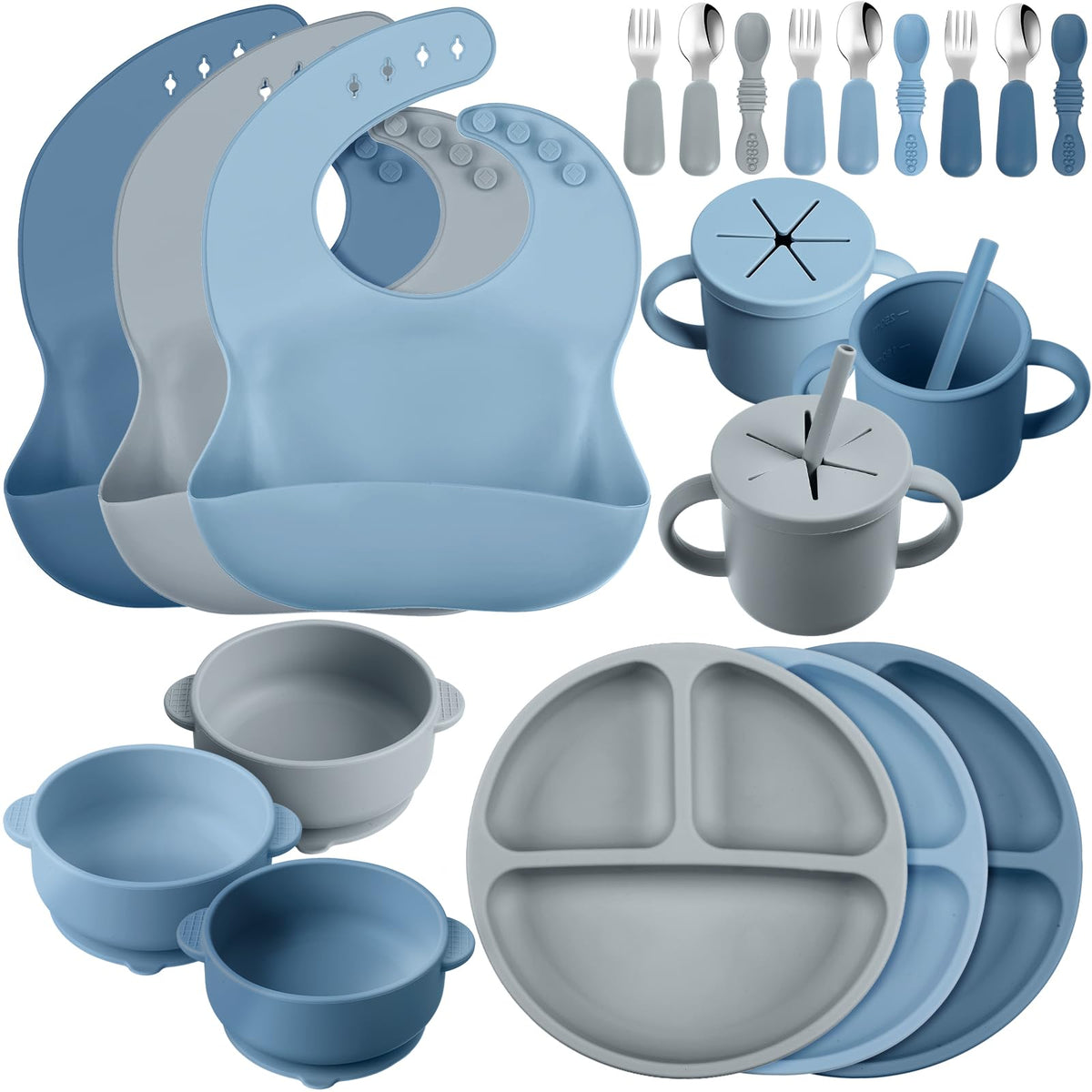 Yinder 24-pack silicone feeding set with suction-divided plates for mess-free mealtimes.
