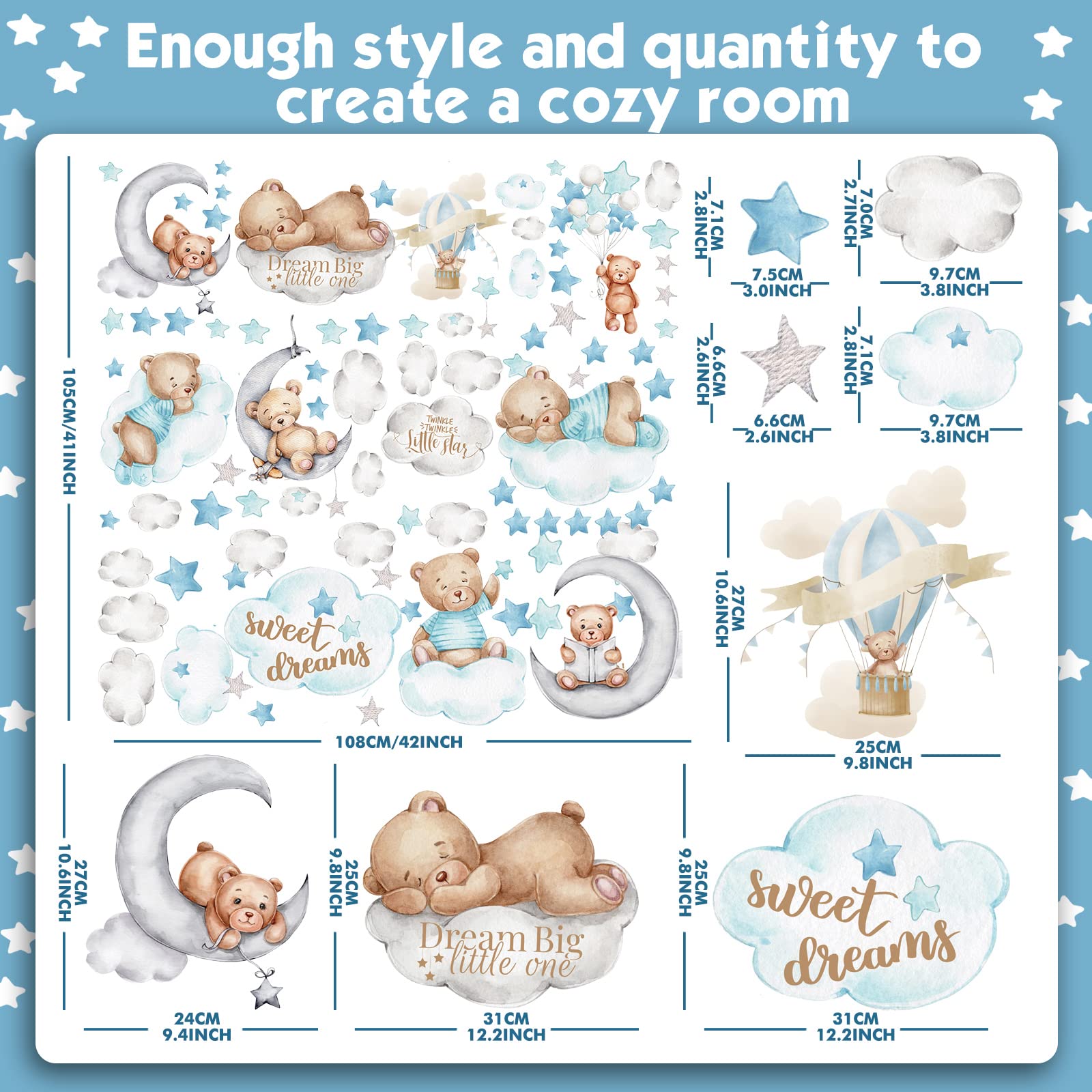 Yinder Highland cow wall decals featuring clouds and stars for kids' rooms