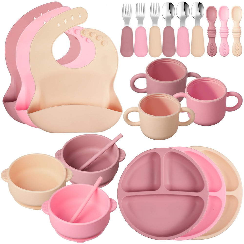 Yinder silicone baby feeding set pink divided plate for self-feeding practice