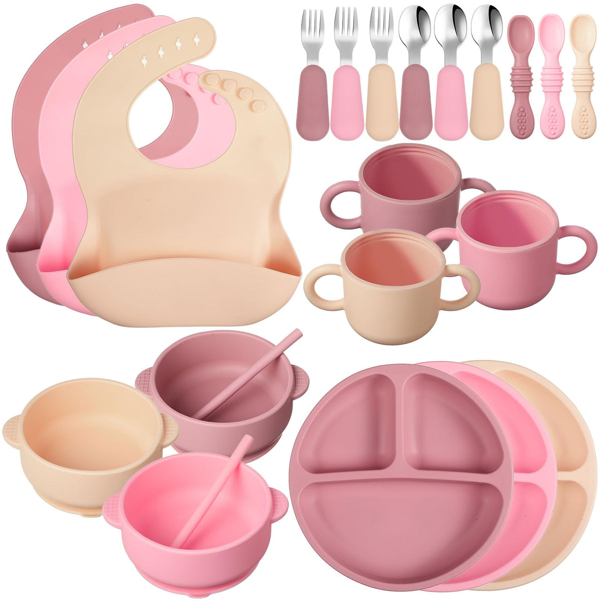 Yinder silicone baby feeding set pink divided plate for self-feeding practice