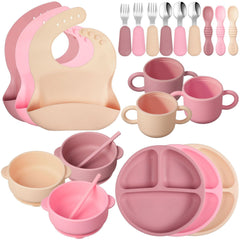 Yinder silicone baby feeding set pink divided plate for self-feeding practice
