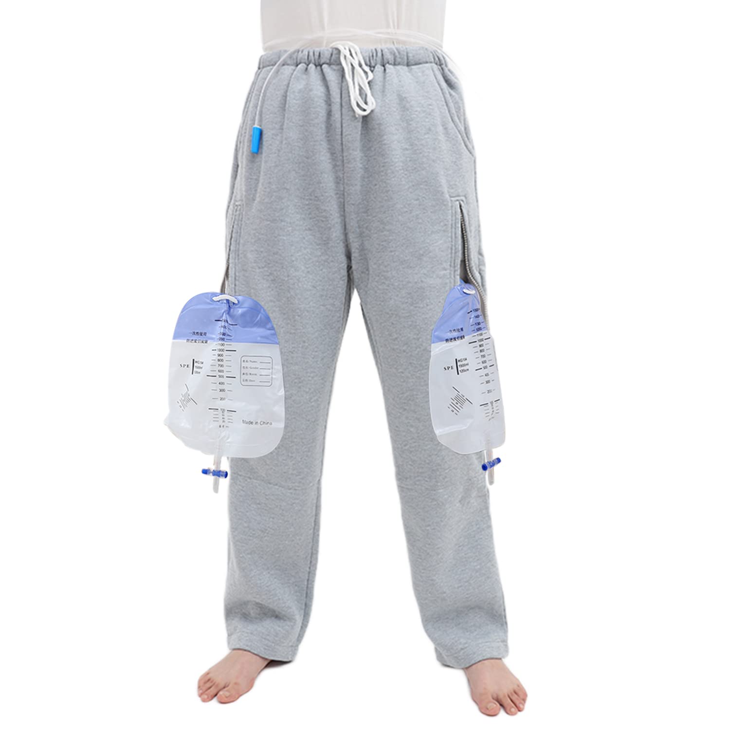 YingXue catheter leg bag pants in gray with zip pocket for discreet drainage storage.