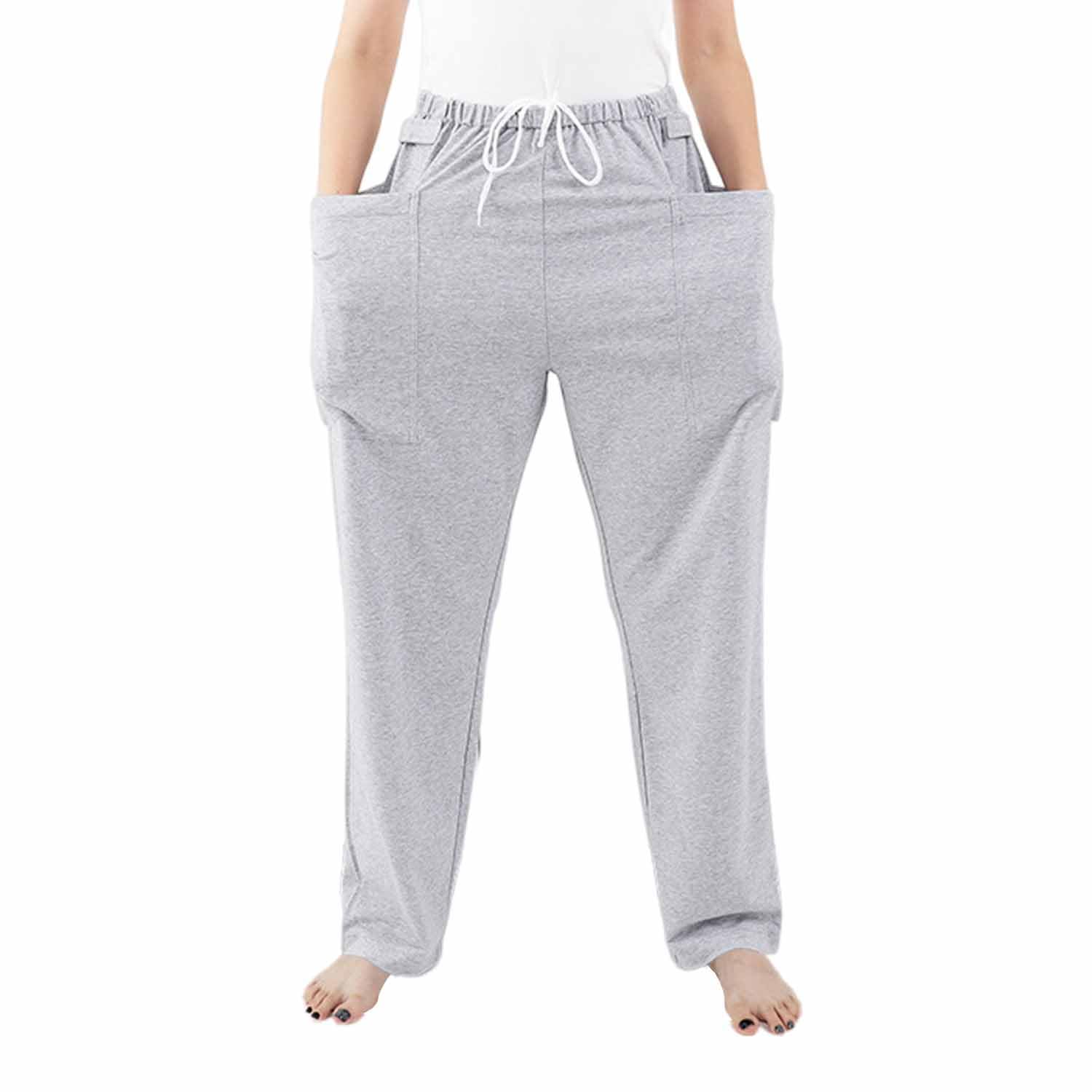 YingXue nephrostomy bag pants gray front view with double pockets for catheter bags.
