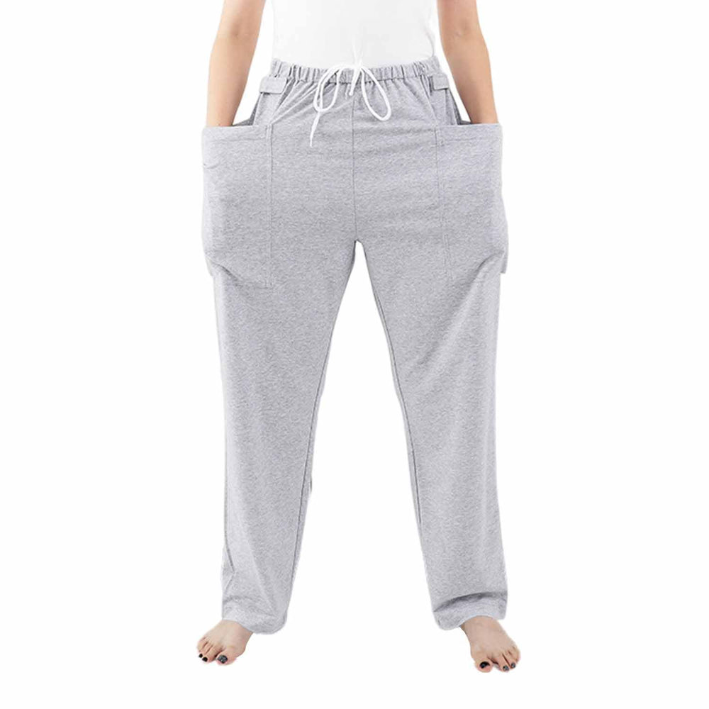 YingXue nephrostomy bag pants gray front view with double pockets for catheter bags.