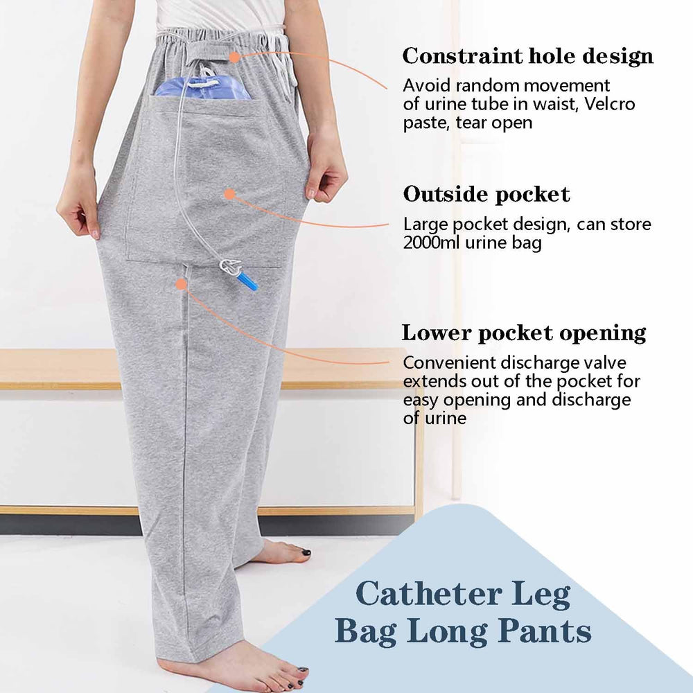 YingXue nephrostomy bag pants gray side pocket detail for secure catheter bag storage.