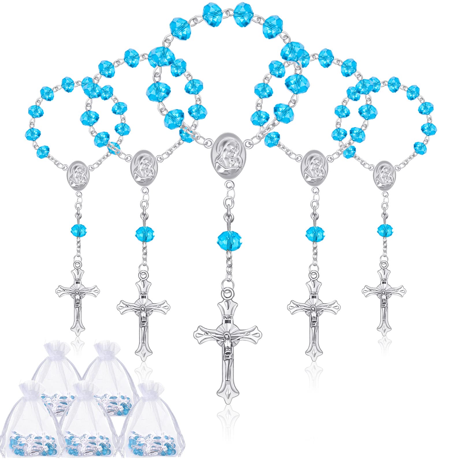 Yinkin baptism rosary beads with light blue accents for christening favors