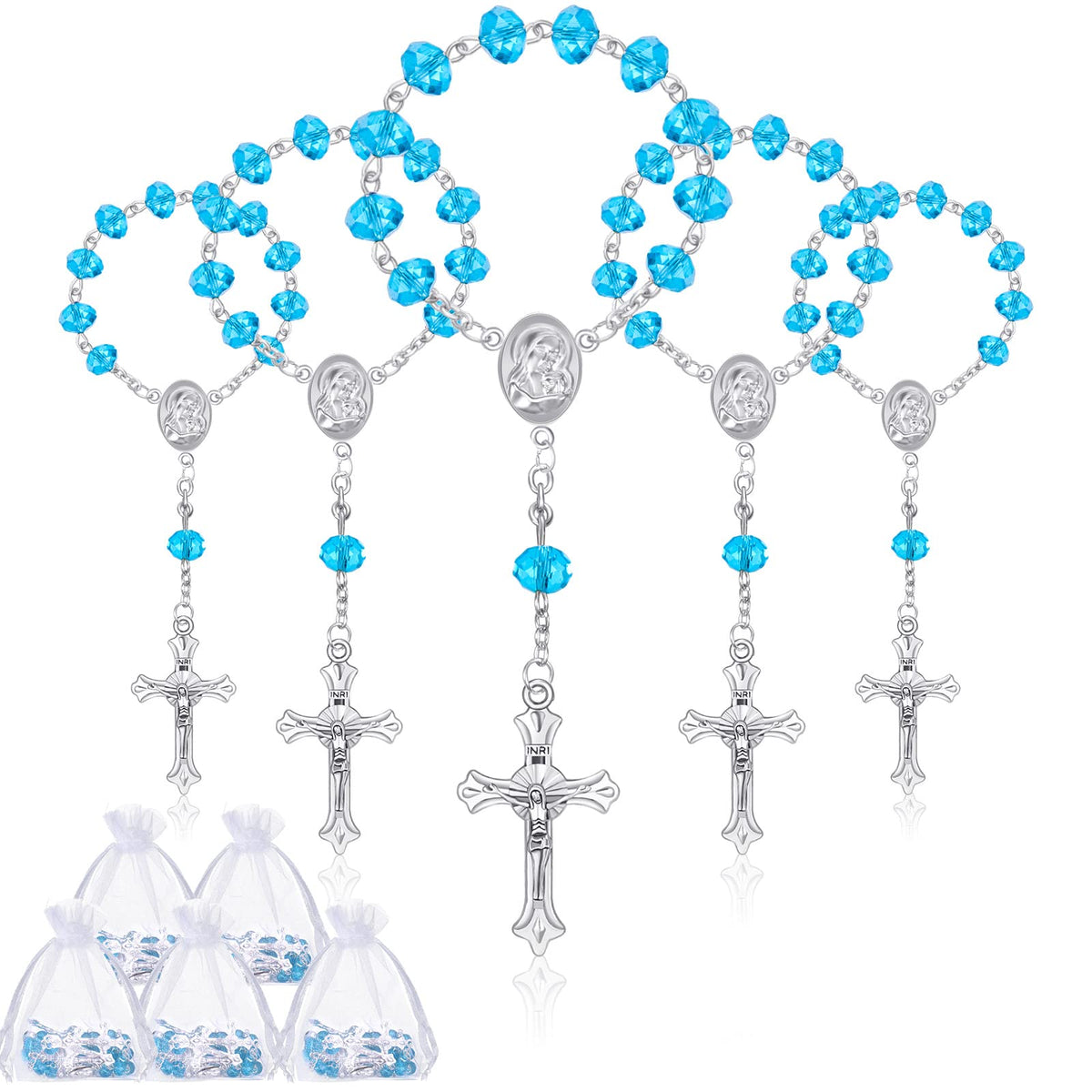 Yinkin baptism rosary beads with light blue accents for christening favors