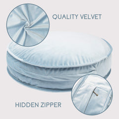 YIUOR velvet round floor pillow detail highlighting removable cover and zipper.