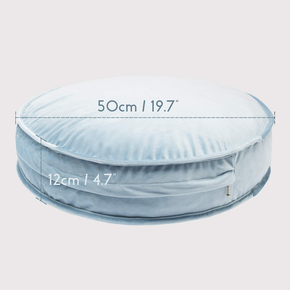 YIUOR velvet round floor pillow baby blue side view, ideal for versatile decor.