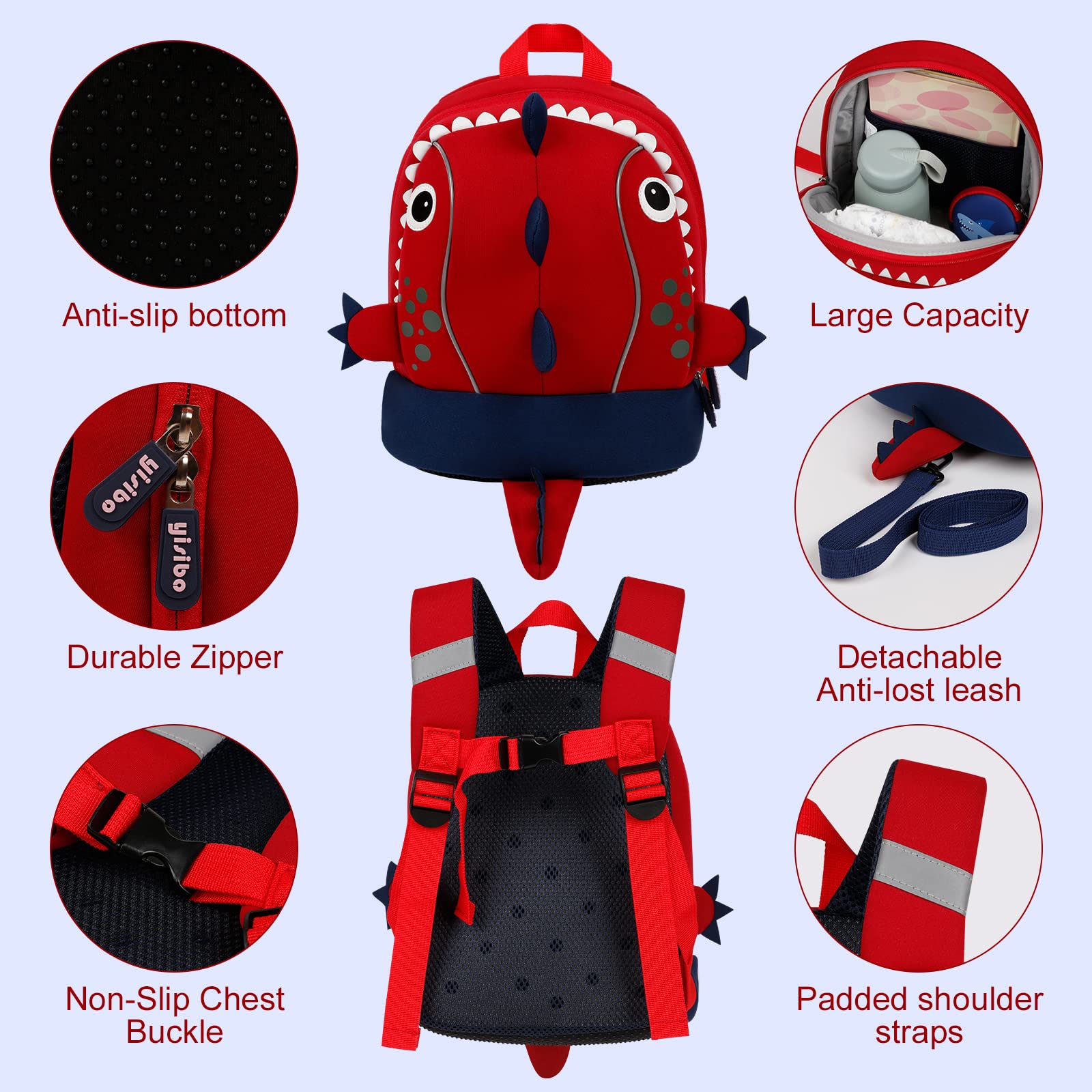 Yisibo dinosaur backpack padded shoulder straps for comfort on long days