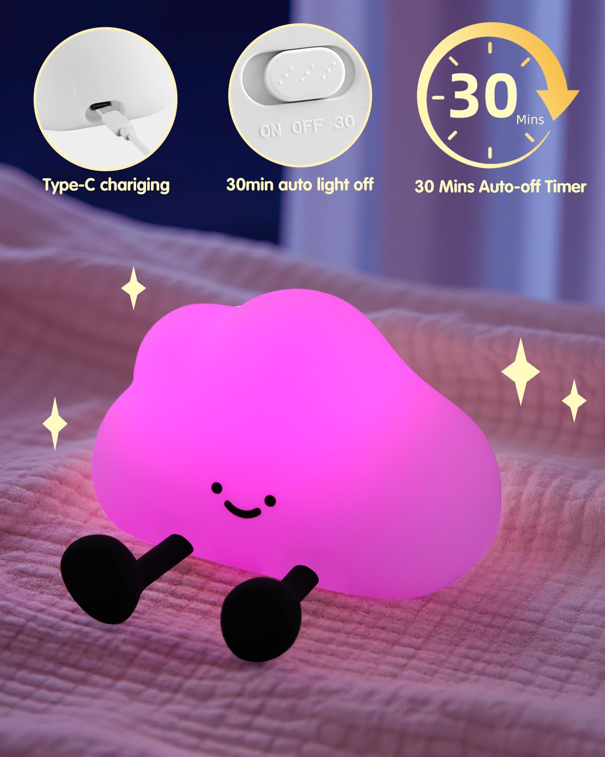 YISUN Cloud Night Light with rechargeable battery convenient USB charging for cordless use