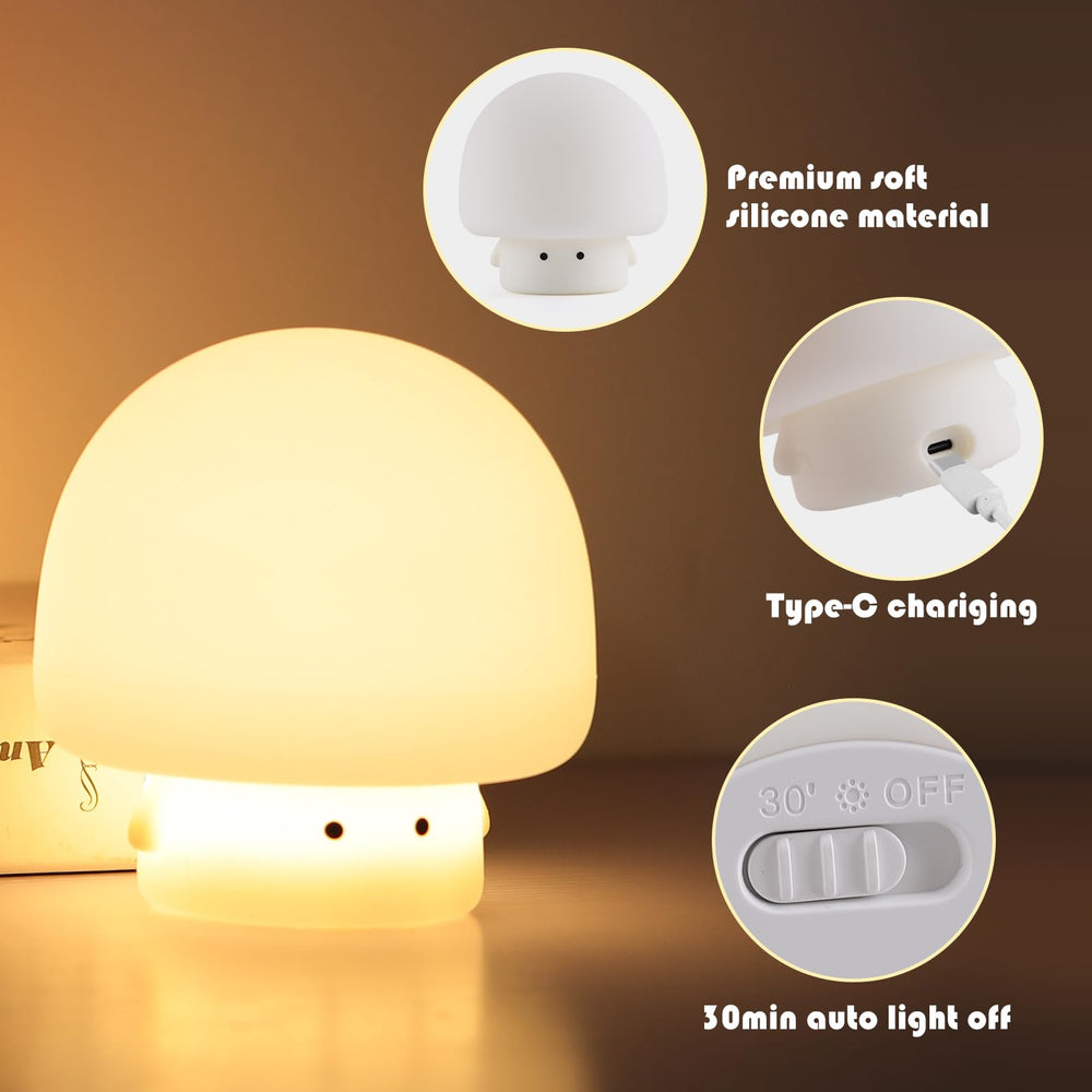 YISUN Mushroom Night Light in dimmed mode for soothing nighttime ambiance.