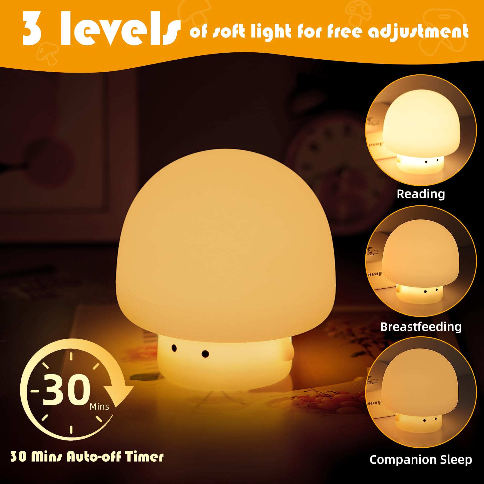 YISUN Mushroom Night Light side angle with soft glow for cozy nursery ambience.