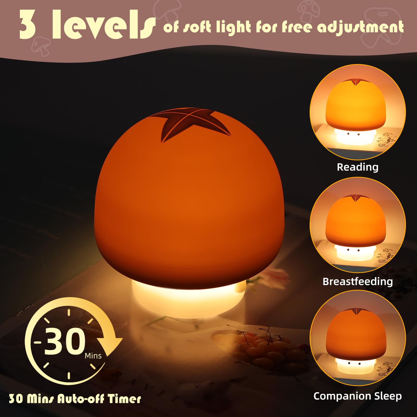 YISUN Mushroom Night Light 30-minute timer for automatic shut-off.